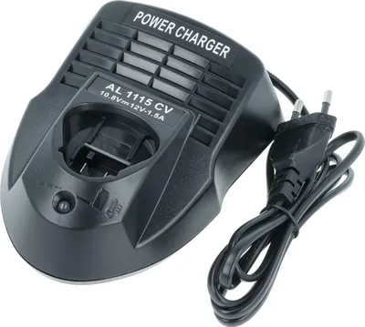 A black power charger for a tool battery.