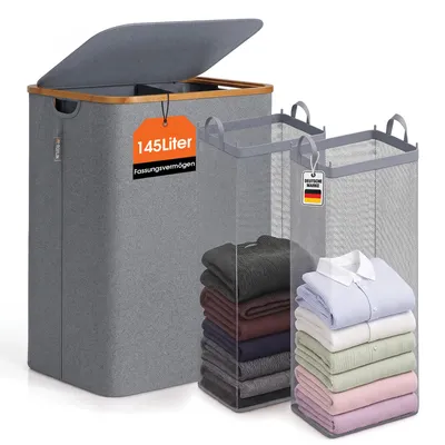 Produktbild von Roxlin Wäschekorb XXL 145L faltbar Bambus mit Deckel und 2 Fächern - Grau