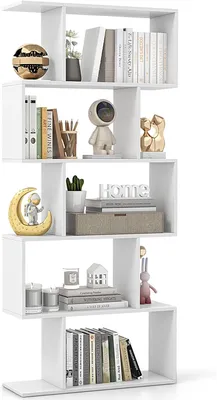 A white, multi-tiered bookshelf filled with decorative items and books.