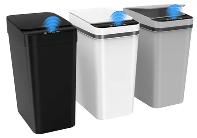 Immagine prodotto di Set di 3 cestini per rifiuti con sensore, da 10 litri, elettrici, con coperchio, per bagno, cucina, ufficio (nero, bianco, grigio)
