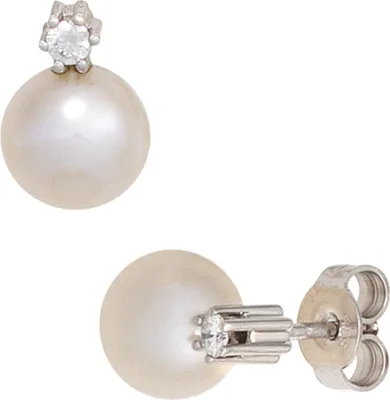 Produktbild von JOBO Ohrstecker 585 Weißgold 2 Süßwasser Perlen 2 Diamanten Brillanten Ohrringe