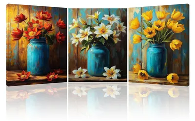 Productafbeelding van Set van 3 vintage kunstafdrukken op canvas met bloemenmotieven