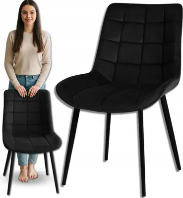A woman stands next to a black chair, with a close-up of the chair on the right.