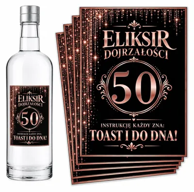 Produktbild von Flaschenetiketten – zum 50. Geburtstag – „Eliksir Dojrzałości” – Rosa – #153 – 8 Stück
