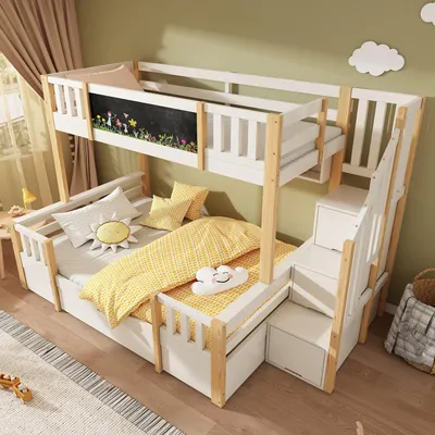 Image de OKWISH Lit Superposé 90x200/140x200 cm - Lit Enfant avec Escalier de Rangement, 2 Tiroirs et Tableau Noir - Bois Massif MDF - Sans Matelas - Blanc, Naturel