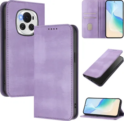 Image de Etui pour Honor Magic6, étui en cuir vintage avec protection RFID, fentes pour cartes, support Violet