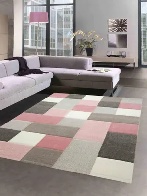 Produktbild von Designer Teppich Wohnzimmer mit Karo Muster in Creme Pink Grau Größe - 140x200 cm