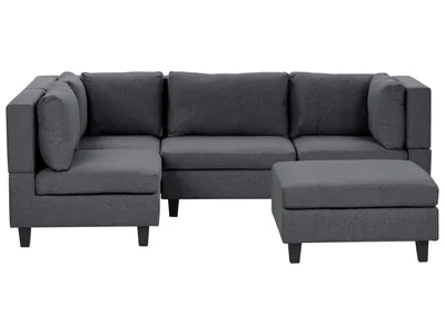 Produktbild von BELIANI 4-Sitzer Ecksofa Rechtsseitig Dunkelgrau Stoffbezug mit Ottomane Kissen Schwarze Beine Modular Modern Modulsofa Wohnlandschaft Wohnzimmer