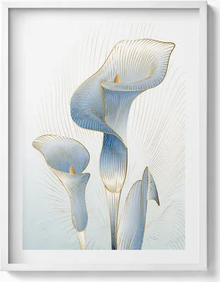 Produktbild von Illustration von Blumen mit Gold– Wandbild mit Rahmen – Gerahmtes Bild  – Wanddekoration – 60x80 cm –  Weiß Rahmen