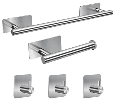 Image de Ensemble de porte-serviettes adhésifs, 5 pièces, argenté - Acier inoxydable 304