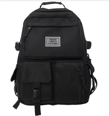 A black backpack is shown from the front against a white background.