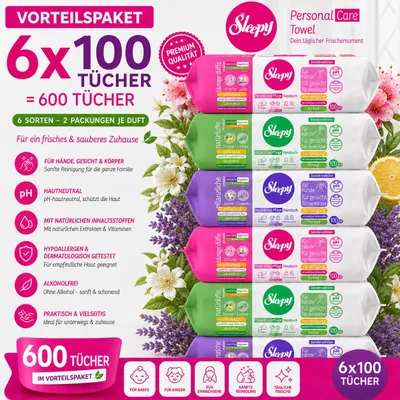 Produktbild von Sleepy Easy Clean Sensitive Mix Set 6x100 Tücher – Zitrone & Lorbeer, Jasmin & Lavendel, Kirsche & Lilie – für Babys, Kinder & Erwachsene