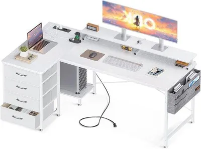 Productafbeelding van Famanu L-vormig bureau met opbergruimte en USB-oplaadpoorten - 160 x 80 x 84 cm - 4 lades - Monitorhouder - Wit