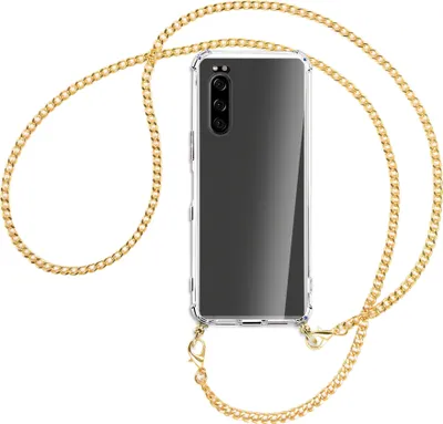 Produktbild von Handykette Backcover-Schutzhülle mit Band (Metall goldfarben) für Sony Xperia 5 - goldfarbene Kette