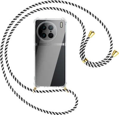 Produktbild von Handykette Backcover-Schutzhülle mit Band (Metall goldfarben) für vivo X90 Pro (V2242A, 6.78'') - schwarz/weiß gestreift