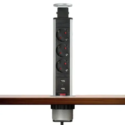 Produktbild von DELIGHT – Versenkte Pop-Up-Tischsteckdosenleiste mit 2 x USB und 3 Steckdosen – Silber