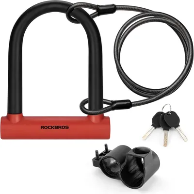 Immagine prodotto di Lucchetto a U ROCKBROS con supporto in lega d'acciaio ad alta resistenza e cavo da 2 m per biciclette, moto ed e-bike - Rosso