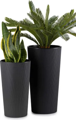Two black planters with plants inside, photographed against a white background.