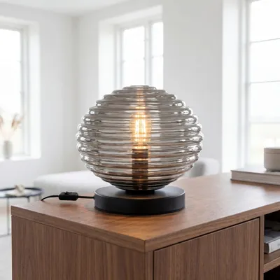 Produktbild von Tischlampe rund Ø 32 cm Metall Rauchglas Nachttischlampe Schwarz Beistelllampe E27 Tischleuchte
