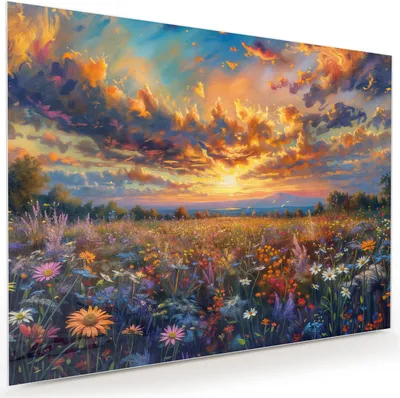Produktbild von Glasbild 120x90cm in XXL für Wohnzimmer, Schlafzimmer Motiv Blumenwiese Sonnenuntergang