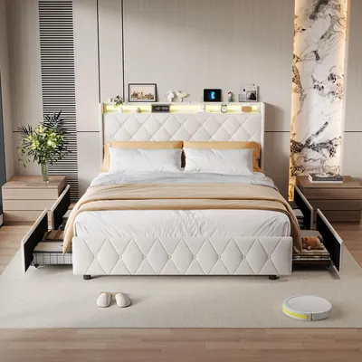 Produktbild von 140 x 200 cm großes Bett mit Stauraum, LED-Beleuchtung und USB-Ladeanschluss, gepolstertes Einzelbett mit 4 Schubladen, Lattenrost, Samtbezug, Beige