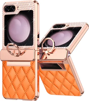 Produktbild von Leder Hülle für Samsung Galaxy Z Flip 5 mit Ringhalterung, Luxus Glitzer Bling Überzug Scharnierschutz Handyhülle Orange