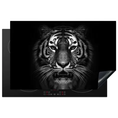 Produktbild von KitchenYeah© Herdabdeckplatte Tiger - Tiere - Schwarz - Weiß - Porträt - Wild , 81x52cm, Küche Deko, Glaskeramikkochfeld Herdabdeckung, Abdeckplatte fùr Kochfeld