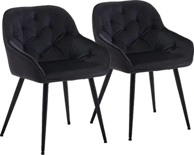 Two black velvet chairs with metal legs on a white background.