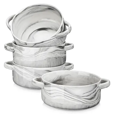 Obrázek produktu pro MALACASA 4dílná porcelánová polévková mísa, mísy na cereálie v mramorově šedé barvě, sada misek s uchy, 800 ML