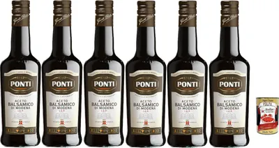 Produktbild von Ponti, Modena I.G.P. Balsamico-Essig, aus Trauben von 7 ausgewählten Rebsorten und edler Weinessig, ideal zum Würzen von rohem und gekochtem rotem Fleisch, 6x 500 ml + Italian Gourmet polpa 400g
