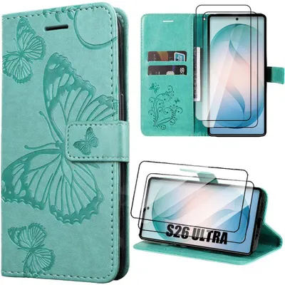 Image de Coque + 2 Verres Trempés pour Samsung Galaxy S26 Ultra, Antichoc Anti-Rayures Effet Cuir Vert Motif Papillon