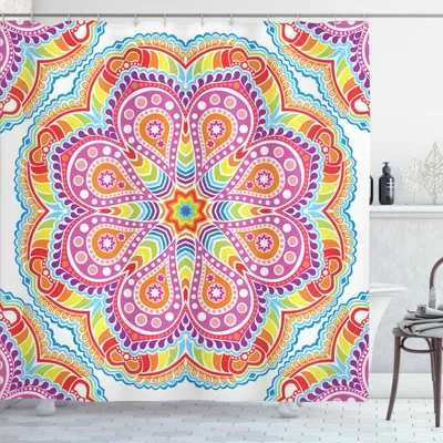 Produktbild von ABAKUHAUS Regenbogen-Mandala Duschvorhang, Buntes orientalisches Mandala-Motiv mit Stern-Paisleys und Punkten Kaleidoskop, 175 x 180 cm, Mehrfarbig