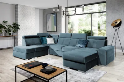 Produktbild von Wohnlandschaft Schlafsofa NOLAN USB in Stoff Monolith Petrolblau Ottomane Rechts