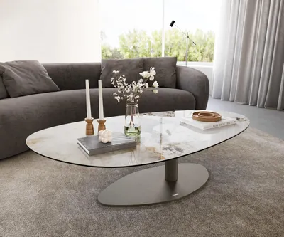 Produktbild von DELIFE Couchtisch Edge Oval 140x75 cm Keramik Minas Melange Vibany Metall Effektfinish Titan