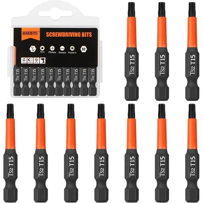Immagine prodotto di Set di punte a cacciavite Torx T15, 10 pezzi, 50 mm, attacco esagonale da 1/4", con confezione