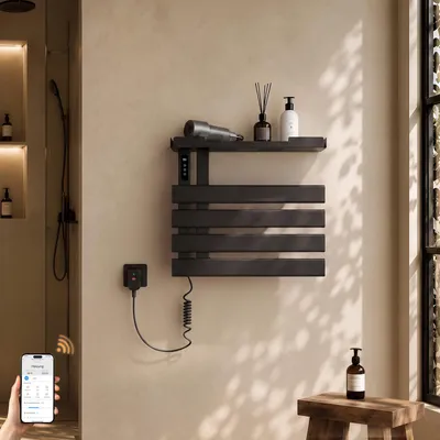 Image de S'AFIELINA Sèche-serviettes électrique avec étagère 450×500 mm 148 W Noir,Radiateur sèche-serviettes connecté WiFi, chauffage en fibre de carbone