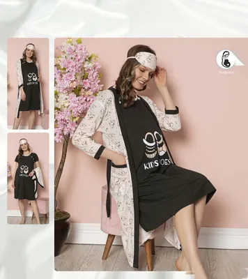 Produktbild von Schwangerschafts Pyjama Set Schwarz XXL Umstandsmode Schlafanzug mit Überzieher 3 Teiler C-69