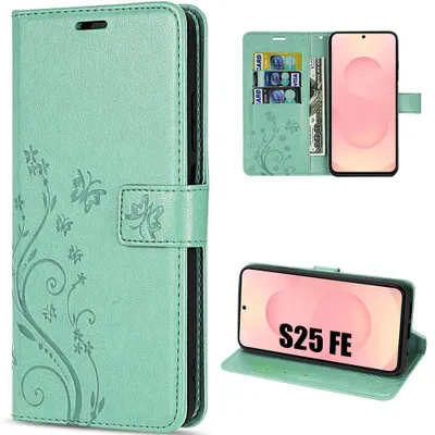 Image de Coque pour Samsung Galaxy S25 FE, Protection Rabat Cuir Synthétique Antichoc Vert Motif Papillon Fleurs