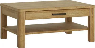 A wooden coffee table with a drawer and a lower shelf, shown against a white background.