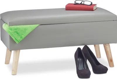 Produktbild von Relaxdays Sitzbank mit Stauraum, 40 L, gepolstert, Holzbeine, Truhenbank Kunstleder, HxBxT: 40 x 80 x 39,5 cm, grau