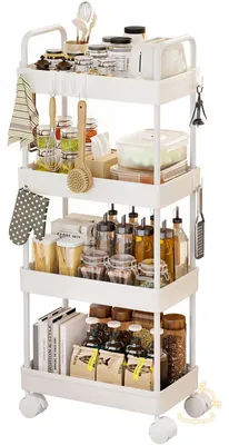 Produktbild von Schmaler Küchenwagen für Nischen: platzsparender Organizer mit 4 Ebenen und Griffen – 90 cm hohe vertikale Ablage für Flaschen und Gläser – feststellbare Rollen und 8 Haken für Bad/Waschküche