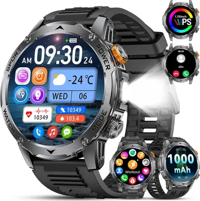 Smartwatch Herren mit 50+Ultralange Standby Zeit, 1,75” HD mit 1000 mAh Akku/Telefonfunktion/110+Sportmodi/Schlafüberwachung/Schrittzähleruhr, IP68