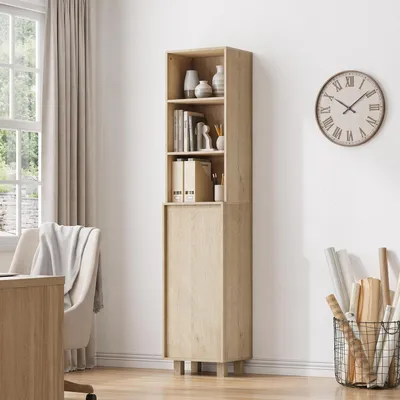 Image de Armoire de salle de bain haute avec portes et étagères ouvertes, en chêne, dimensions : 35 x 30 x 162,5 cm