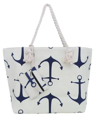 Produktbild von Große Strandtasche Shopper mit Reißverschluss - maritimes Design Anker beige-blau