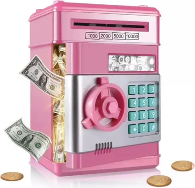 A pink electronic piggy bank with a keypad and a slot for money, with dollar bills and coins displayed around it.
