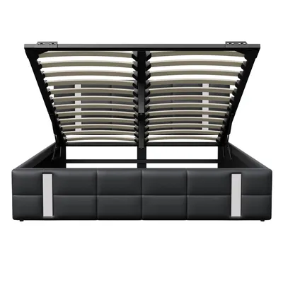 Produktbild von CDGlobal Polsterbett 140x200cm Stauraumbett mit LED und USB, Doppelbett Boxspringbett mit Lattenrost und Stauraum, Funktionsbett Jugendbett, PU, Schwarz