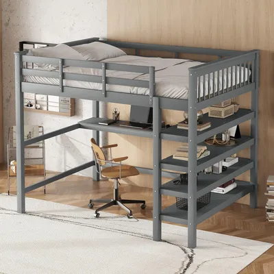 Image de OKWISH Lit mezzanine 140x200 - Avec bureau et étagères - Sans matelas - Gris