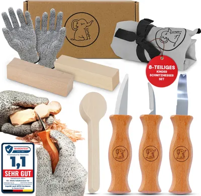 Produktbild von Eli Schnitzmesser Kinder Set ab 6 Jahre, hochwertiges 8-teiliges Kindermesser Schnitzset inkl. schnittfeste Handschuhe und Schnitzholz