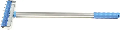 A wallpaper spike roller tool with a silver handle and blue grip, isolated on a white background.