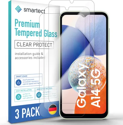 A product shot of a 3-pack of screen protectors for a Samsung Galaxy A14 5G phone, with the packaging prominently displayed.